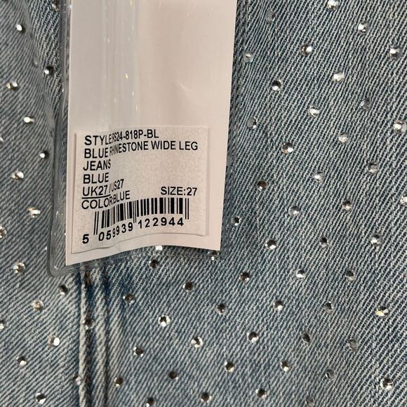 NWT Self-Portrait Blue Rhinestone Wide-Leg Jeans Size 27 - Picture 9 of 16